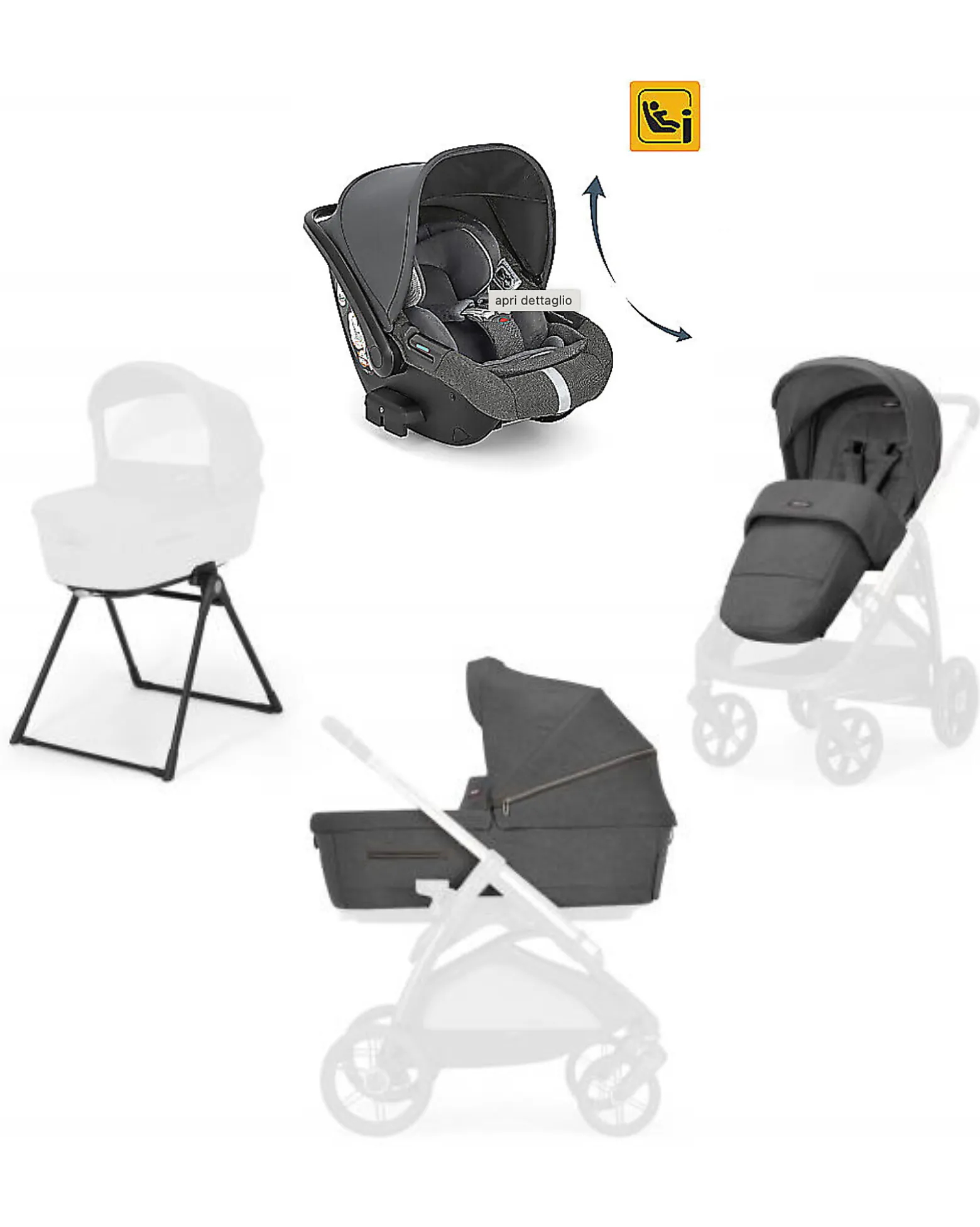 Aptica System Trio - Velvet Grey - Seduta Passeggino + Culla Standup + Seggiolino Auto Darwin Recline