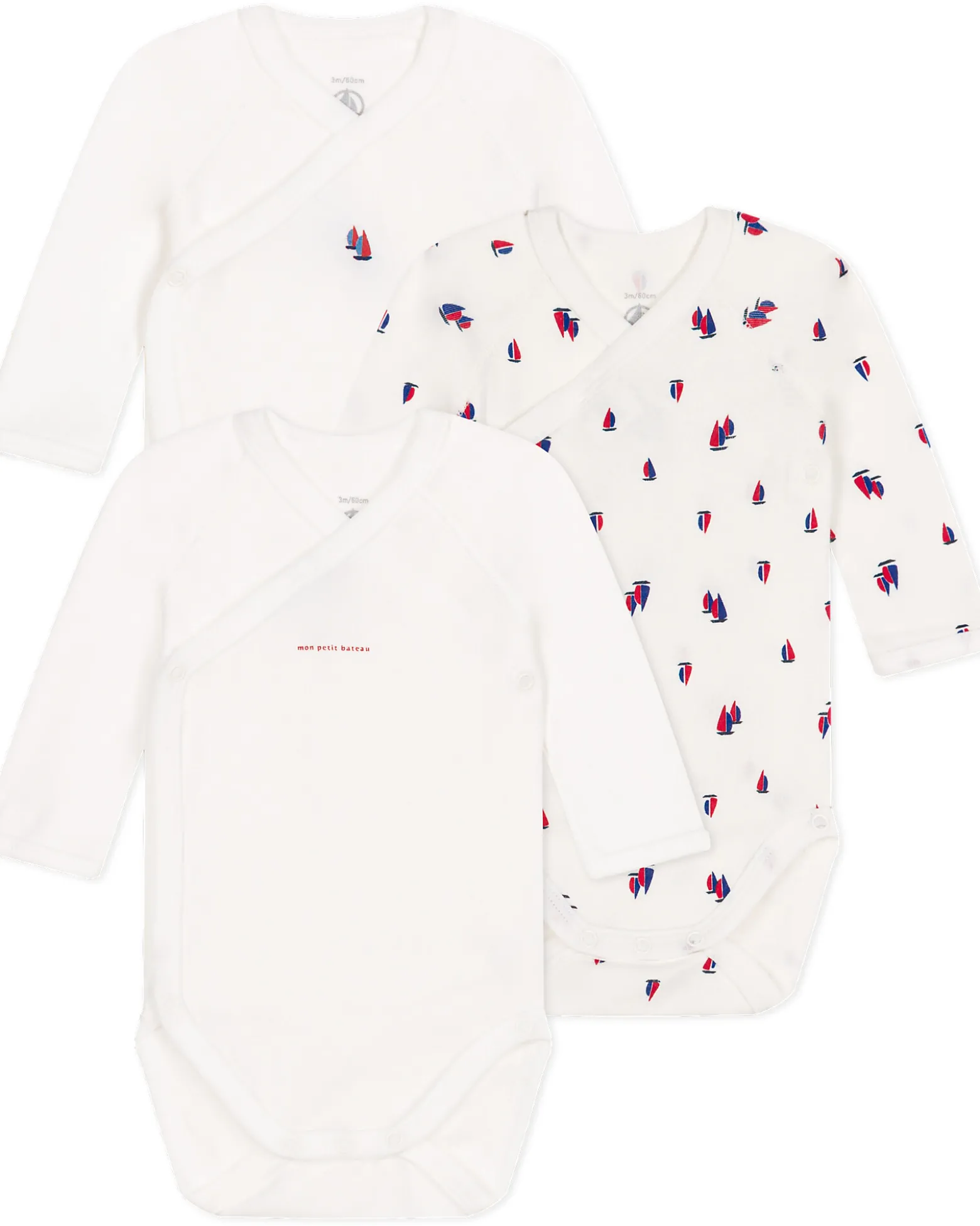 Body Kimono Manica Lunga - Pacco da 3 - Bianco - Barche a Vela - 100% Cotone Bio
