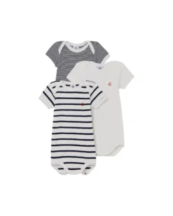 Body Manica Corta, Pacco da 3 - Millerighe Blu Navy/Bianco - 100% Cotone