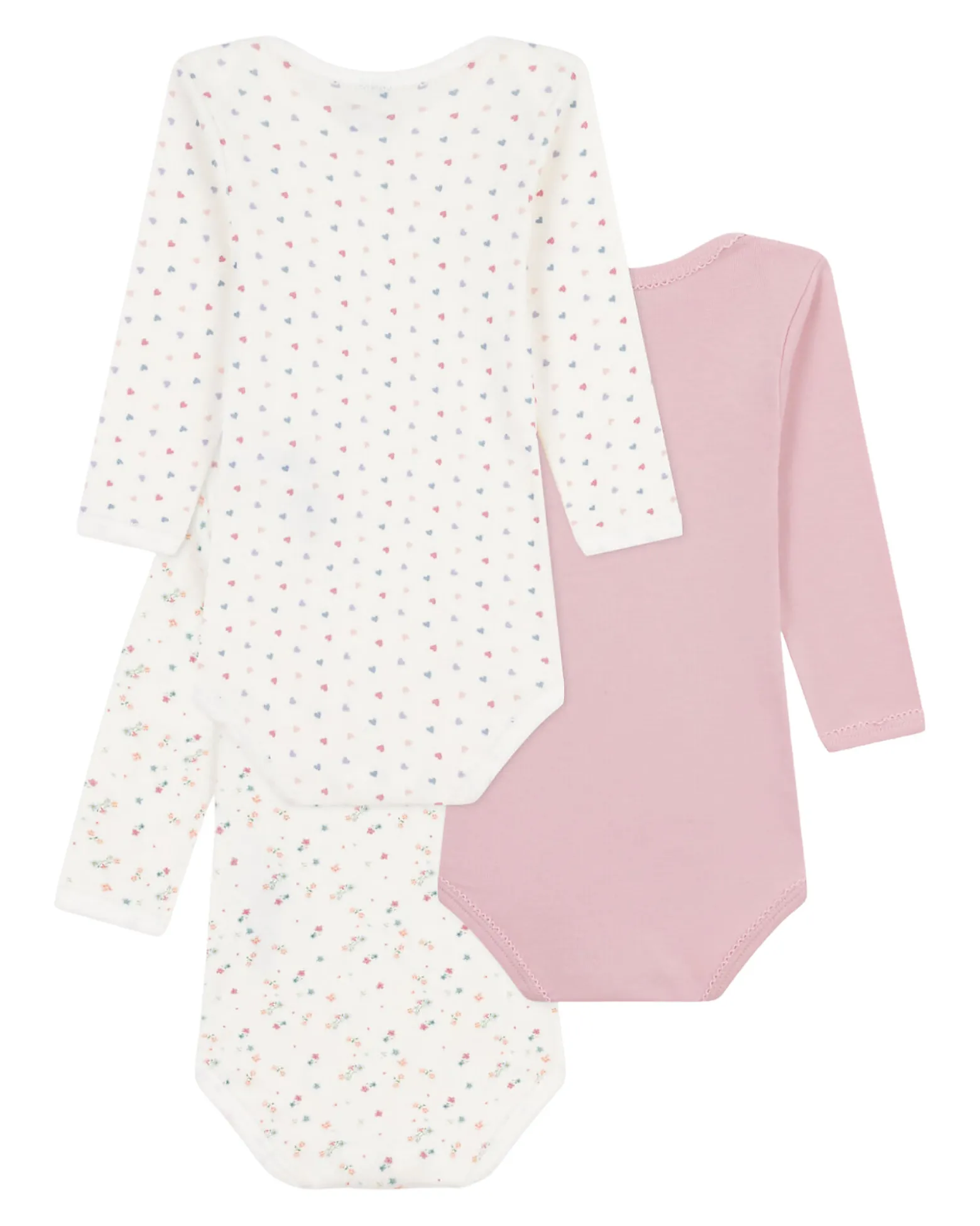Body Manica Lunga - Pacco da 3 - Bianco Rosa - Fiori - 100% Cotone Bio