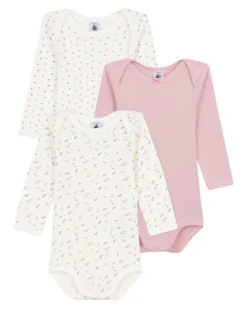 Body Manica Lunga - Pacco da 3 - Bianco Rosa - Fiori - 100% Cotone Bio