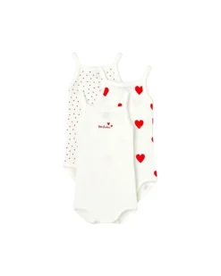 Confezione da 3 Body con Spalline - Bianco/Cuori - 100% Cotone Organico