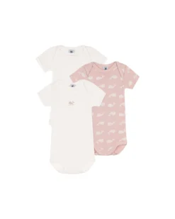 Confezione da 3 Body Manica Corta - Bianco/Rosa - Fantasia Balena - 100% Cotone Organico