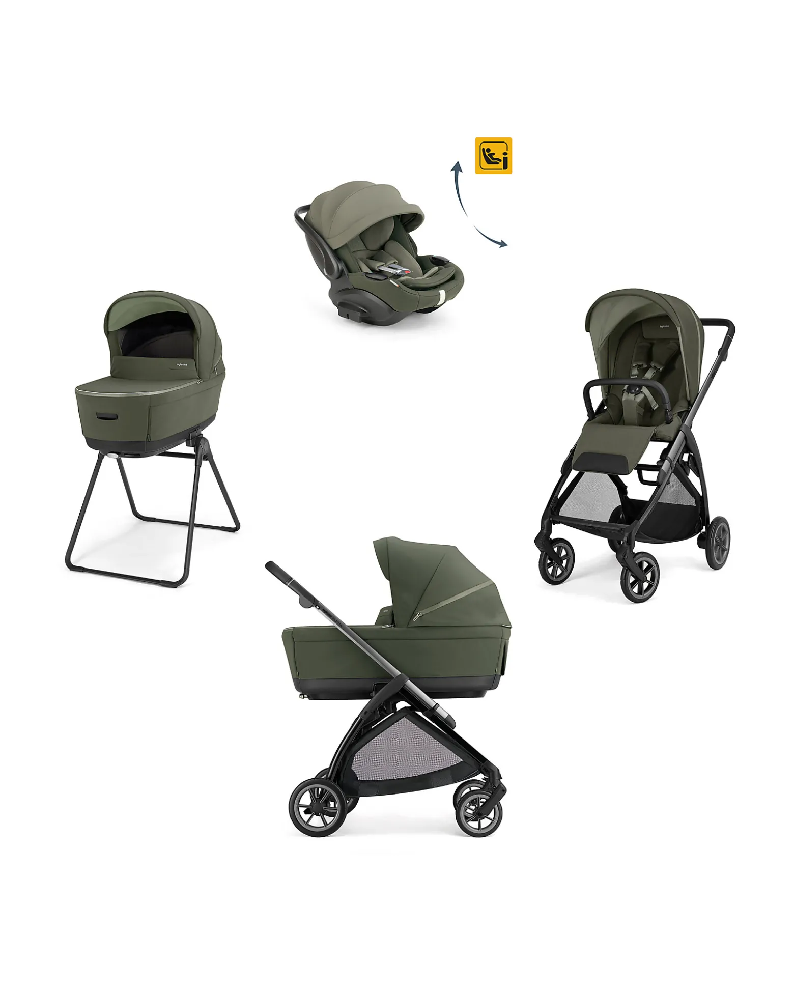 Electa System Quattro - Loft Green - Passeggino + Culla Standup + Seggiolino Auto Darwin Recline EVO + Telaio Iron Black