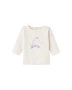 Maglia a Maniche Lunghe con Stampa Unicorno - Crema - Cotone Biologico