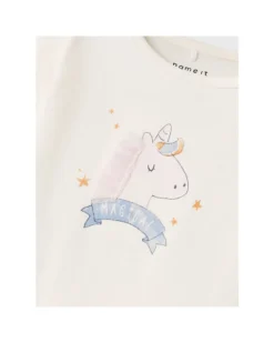 Maglia a Maniche Lunghe con Stampa Unicorno - Crema - Cotone Biologico