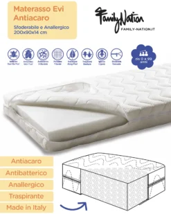 Materasso Evi 14 cm 200x90 - Antiacaro e Anallergico - Sfoderabile - per Letto Montessori Evolutivo Evi 4 in 1