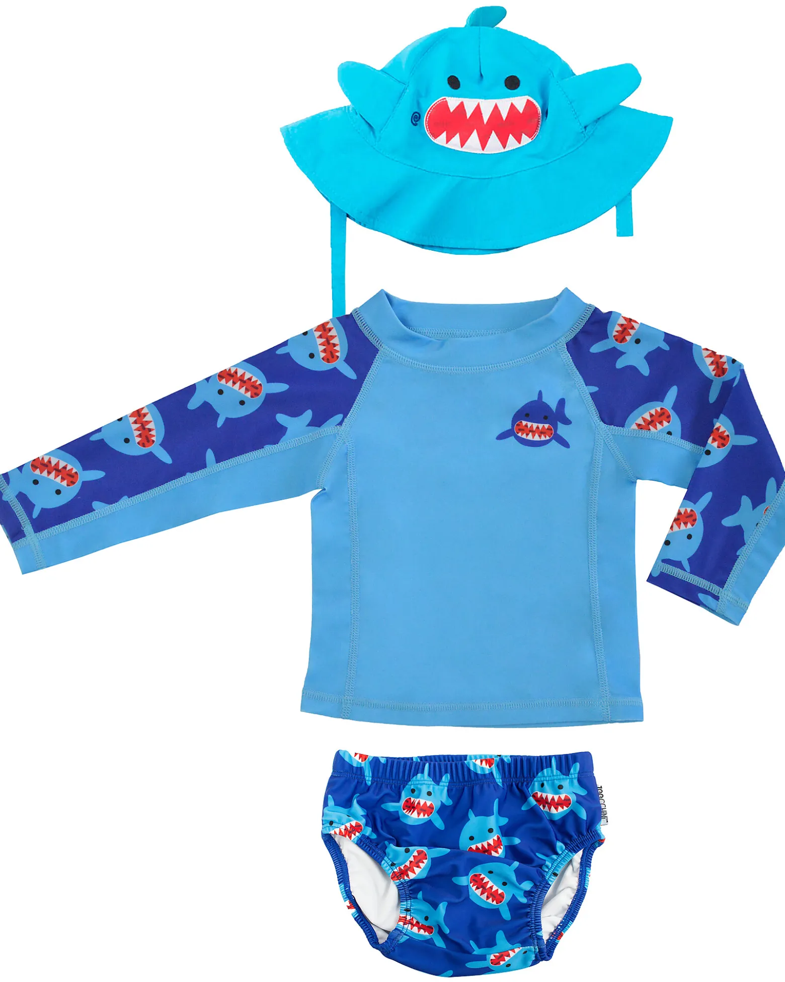 Set Baby 3 Pezzi - Rash Guard Top + Costumino Contenitivo + Cappellino - UPF 50+ - Sherman lo Squalo