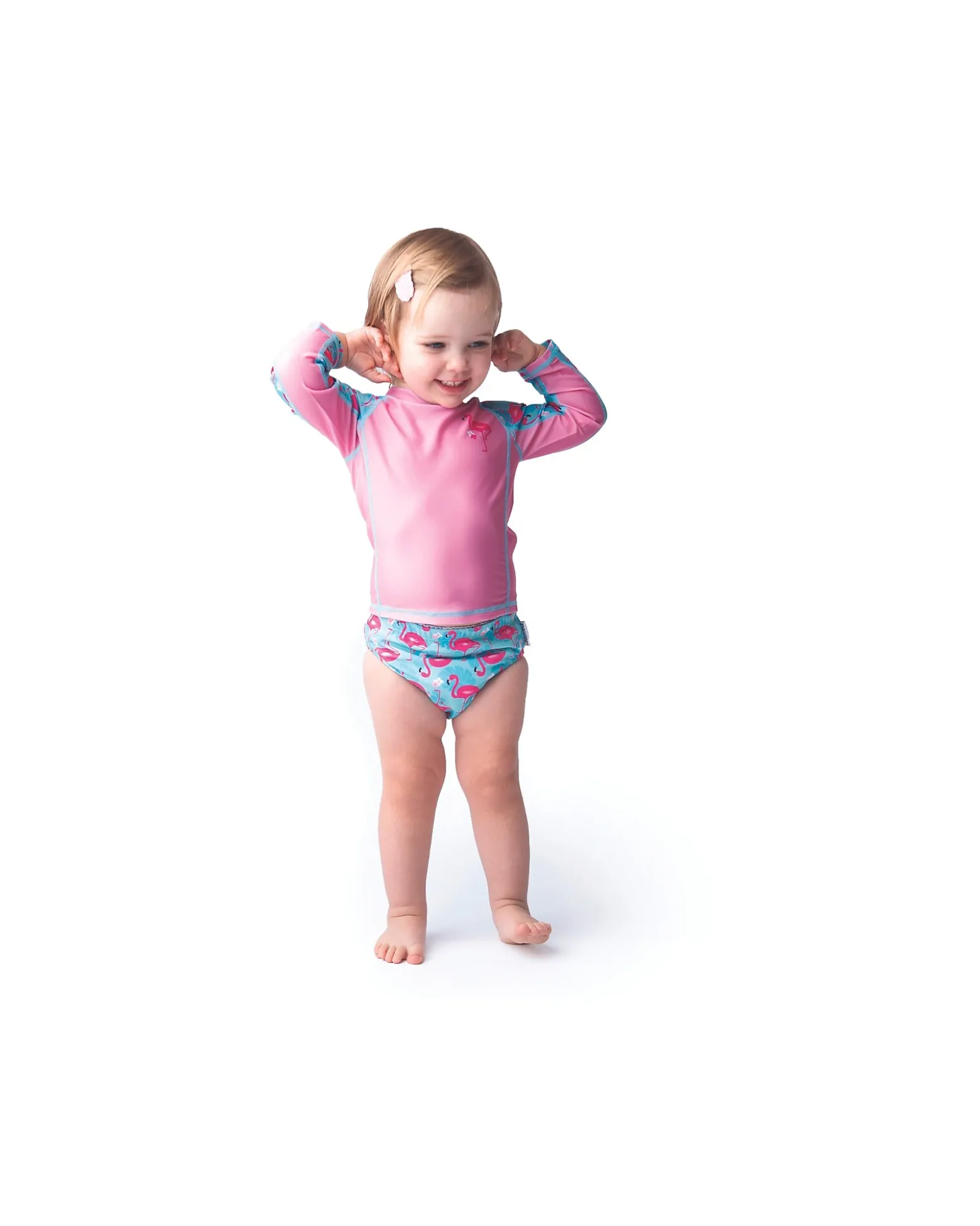 Set Baby 3 Pezzi - Rash Guard Top + Costumino Contenitivo + Cappellino - UPF 50+ - Franny il Fenicottero