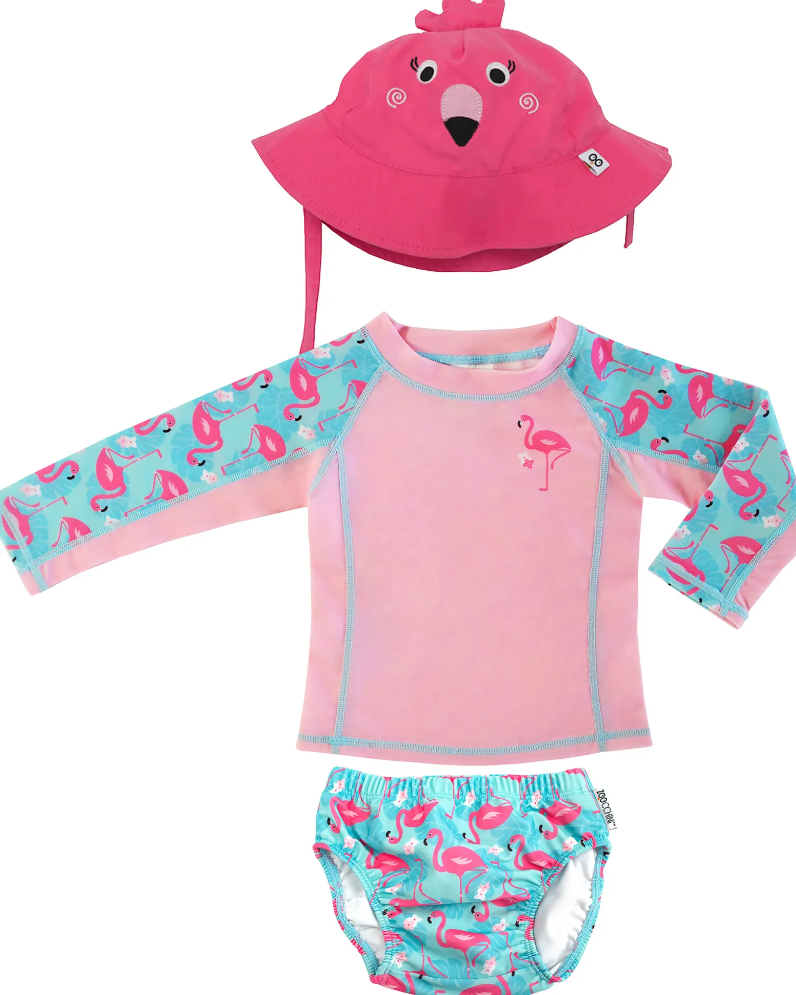 Set Baby 3 Pezzi - Rash Guard Top + Costumino Contenitivo + Cappellino - UPF 50+ - Franny il Fenicottero