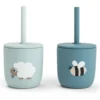 Set 2 Bicchieri con Tappo e Cannuccia 120 ml - Tiny Farm - Blu - 100% Silicone Alimentare - 12m+