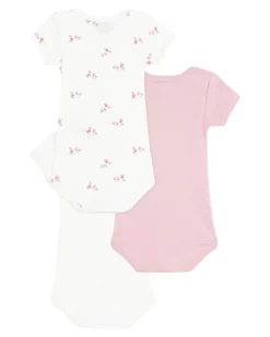 Set 3 Body a Maniche Corte - Azzurro e Bianco - Fiori - 100% Cotone