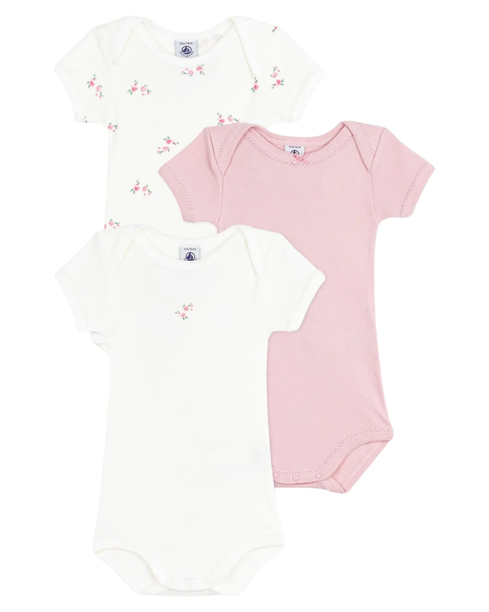 Set 3 Body a Maniche Corte - Azzurro e Bianco - Fiori - 100% Cotone