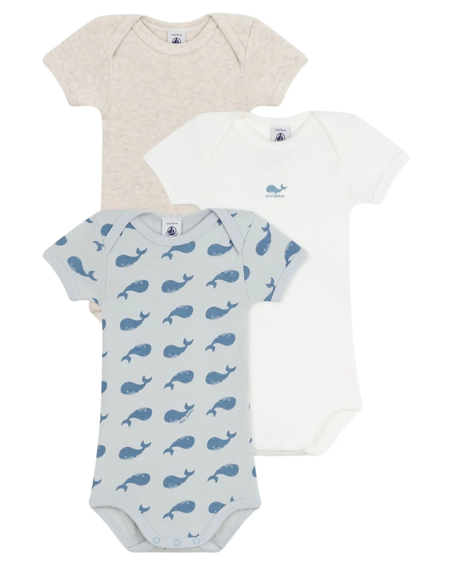 Set 3 Body a Maniche Corte - Beige e Bianco - Balene - 100% Cotone