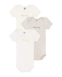 Set 3 Body a Maniche Corte - Bianco - Grigio - con Scritte - 100% Cotone
