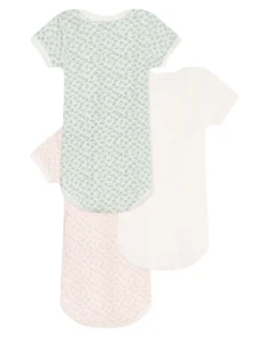 Set 3 Body a Maniche Corte - Bianco Rosa e Verde - Fiori - 100% Cotone
