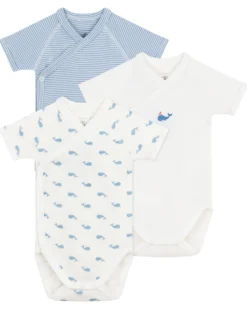 Set 3 Body a Maniche Corte - Bianco e Azzurro - Millerighe/Balene - 100% Cotone