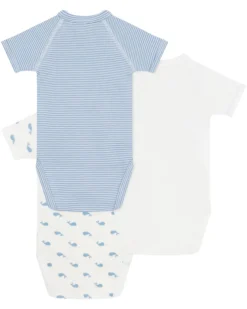 Set 3 Body a Maniche Corte - Bianco e Azzurro - Millerighe/Balene - 100% Cotone