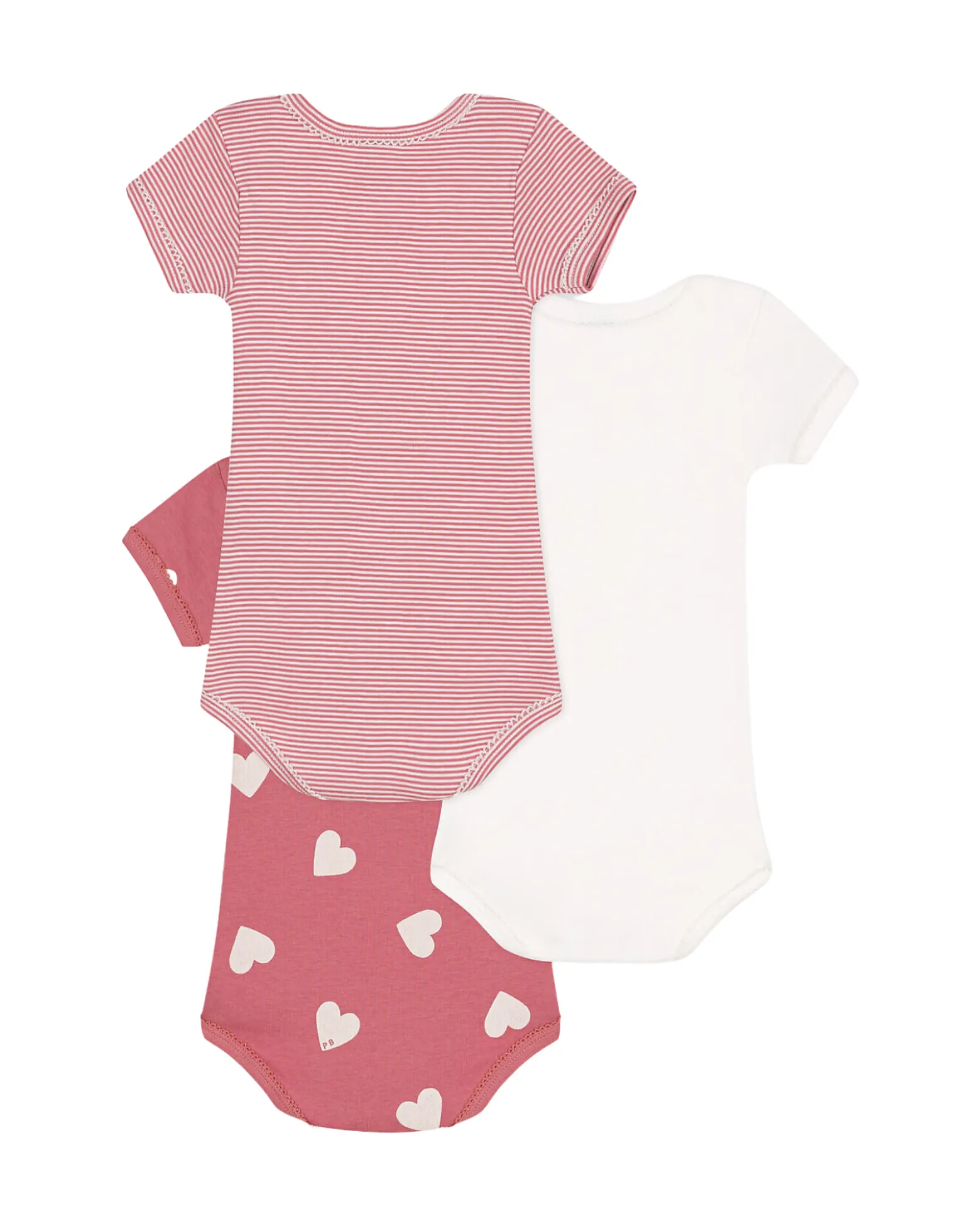 Set di 3 Body a Maniche Corte - Bianco - Rosa Millerighe- Cuori - 100% Cotone