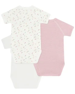Set di 3 body incrociati a maniche corte - Bianco e Rosso - Millerighe - Stelle - 100% Cotone