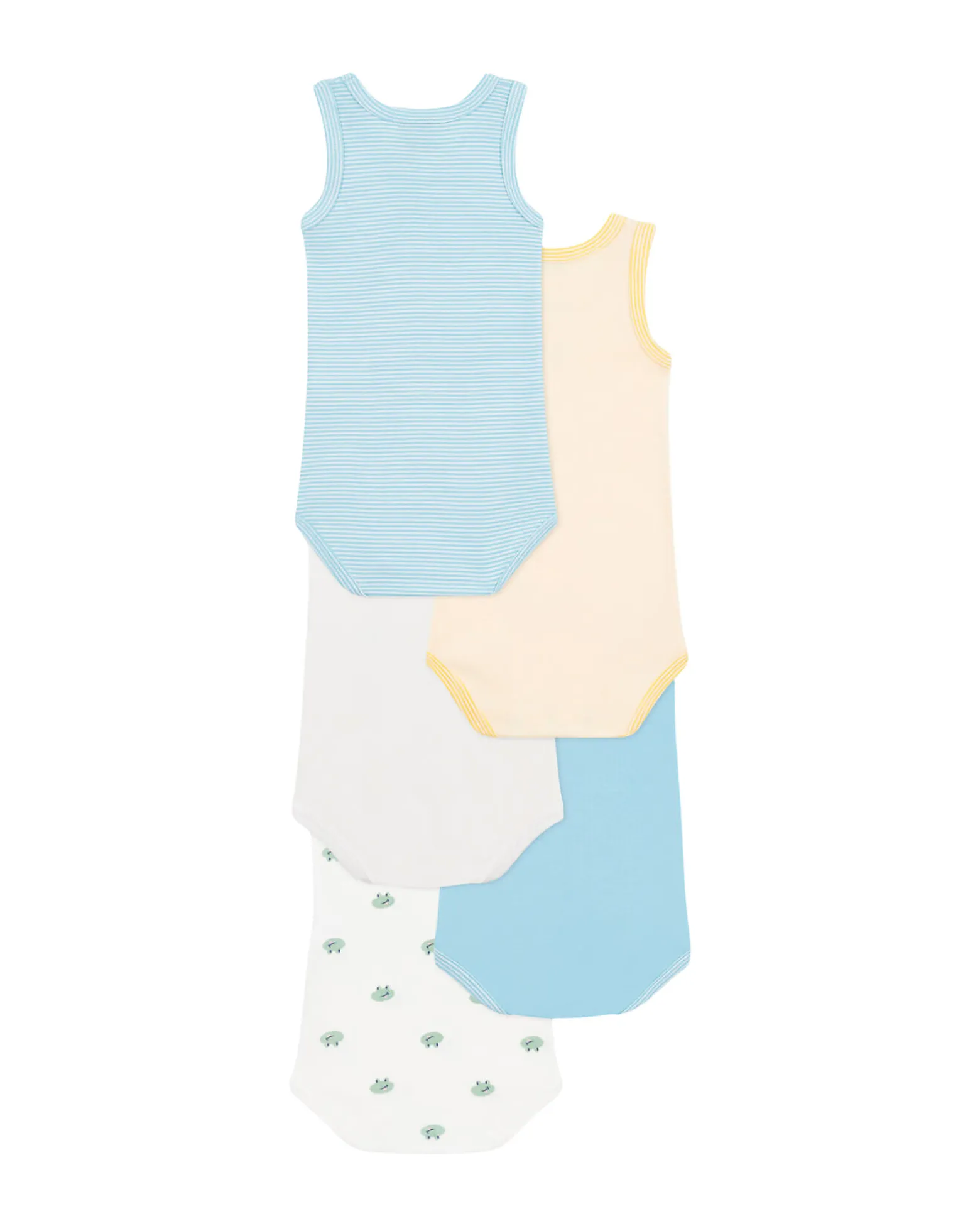 Set di 5 Body Senza Maniche - Bianco - Rosa - Blu - Rana - Blu Millerighe - 100% Cotone Bio