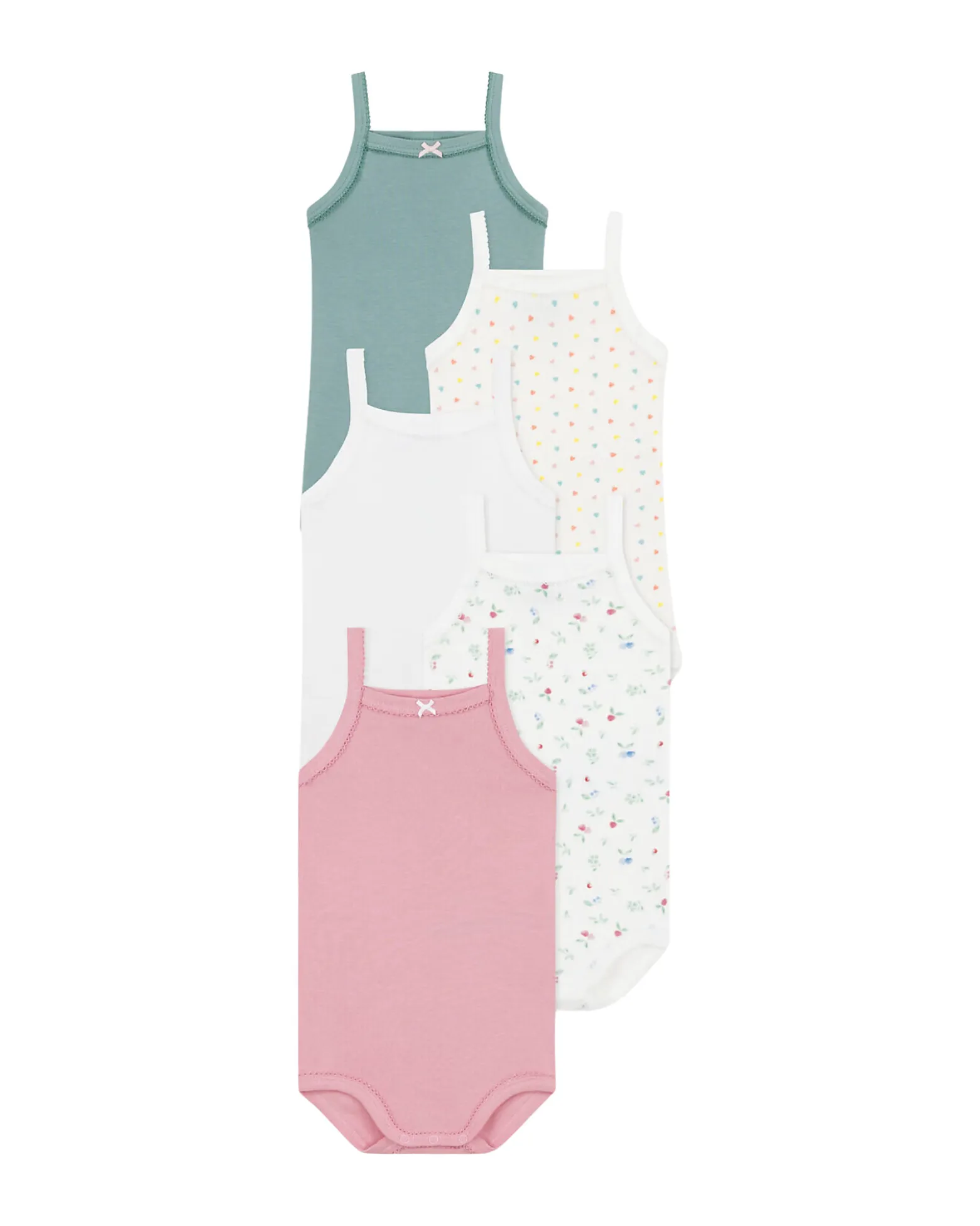 Set di 5 Canottiere - Bianco - Rosa - Verde - Frutti - Cuori - 100% Cotone Bio