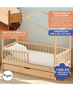 Set 2: Letto Montessori Evolutivo Evi 200x90cm + Letto/Cassetto