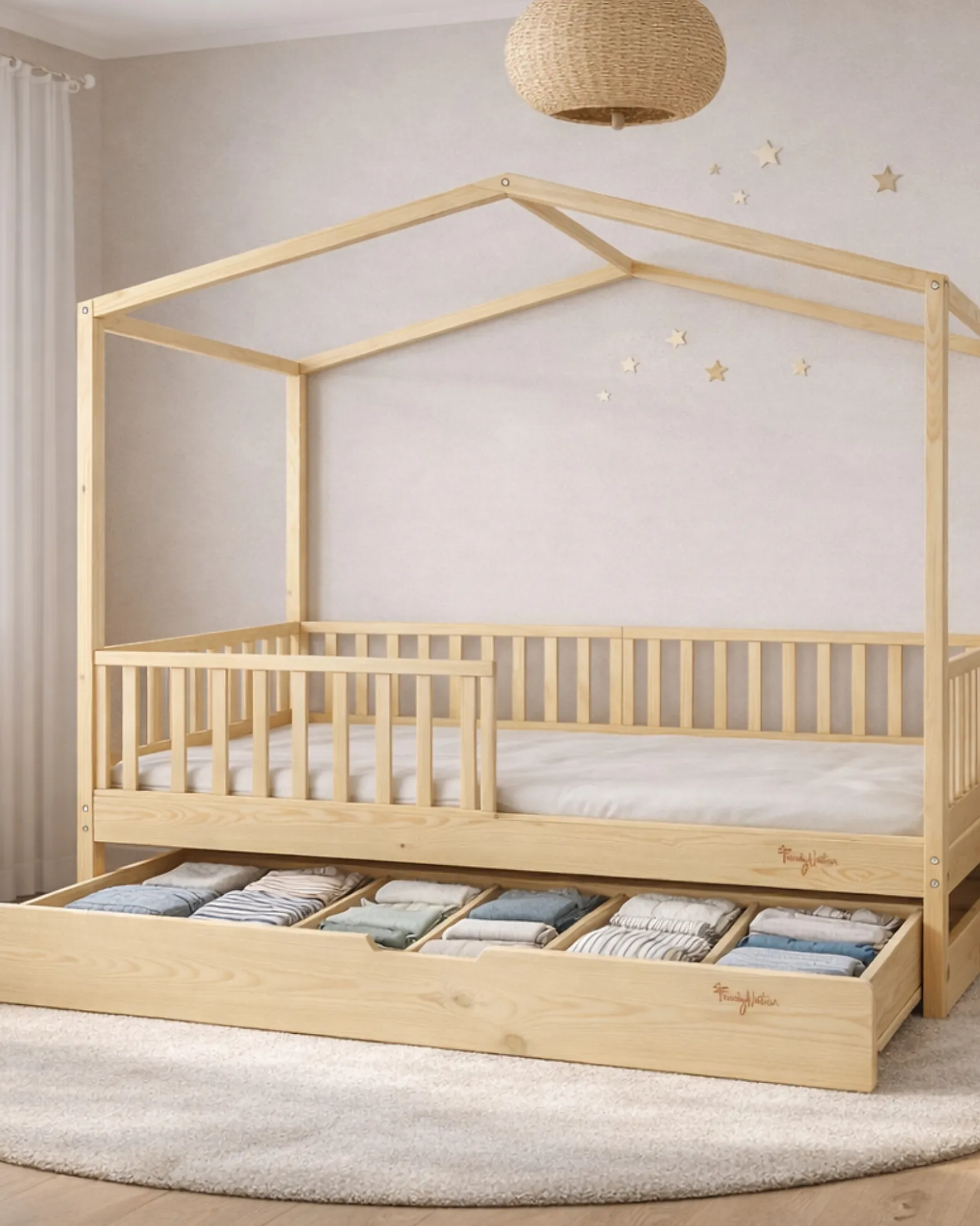 Set 2: Letto Montessori Evolutivo Evi 200x90cm + Letto/Cassetto