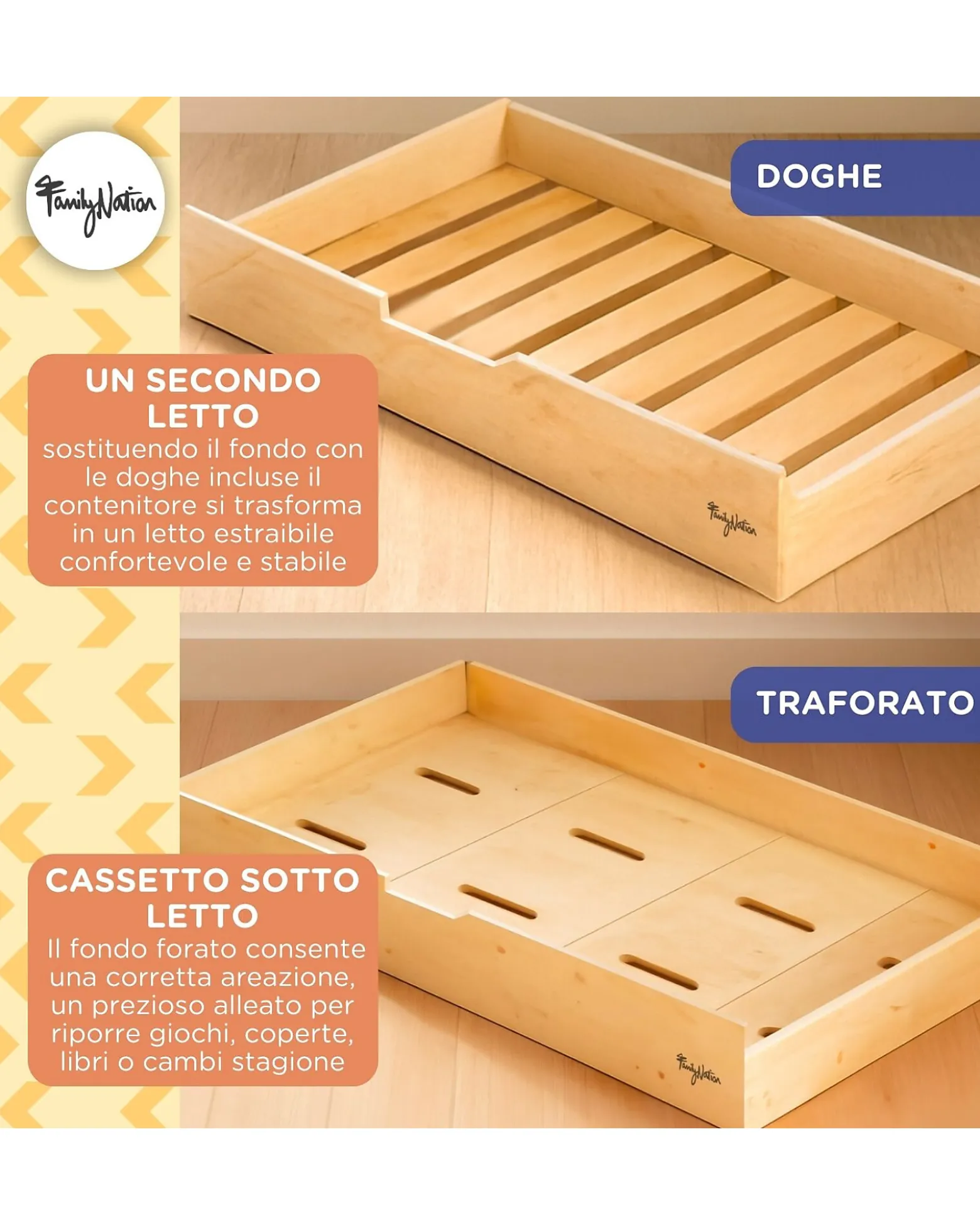 Set 2: Letto Montessori Evolutivo Evi 200x90cm + Letto/Cassetto