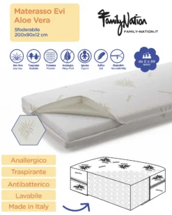 Set 4: Letto Montessori Evolutivo Evi 200x90cm + Letto/Cassetto + Materasso 12 cm Aloe Vera per Letto + Materasso 11 cm Aloe Vera per Cassetto
