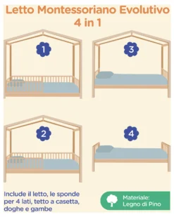 Set 4: Letto Montessori Evolutivo Evi 200x90cm + Letto/Cassetto + Materasso 14 cm Antiacaro per Letto + Materasso 11 cm Aloe Vera per Cassetto