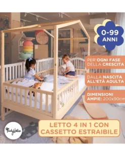 Set 2: Letto Montessori Evolutivo Evi 200x90cm + Materasso 12 cm Aloe Vera