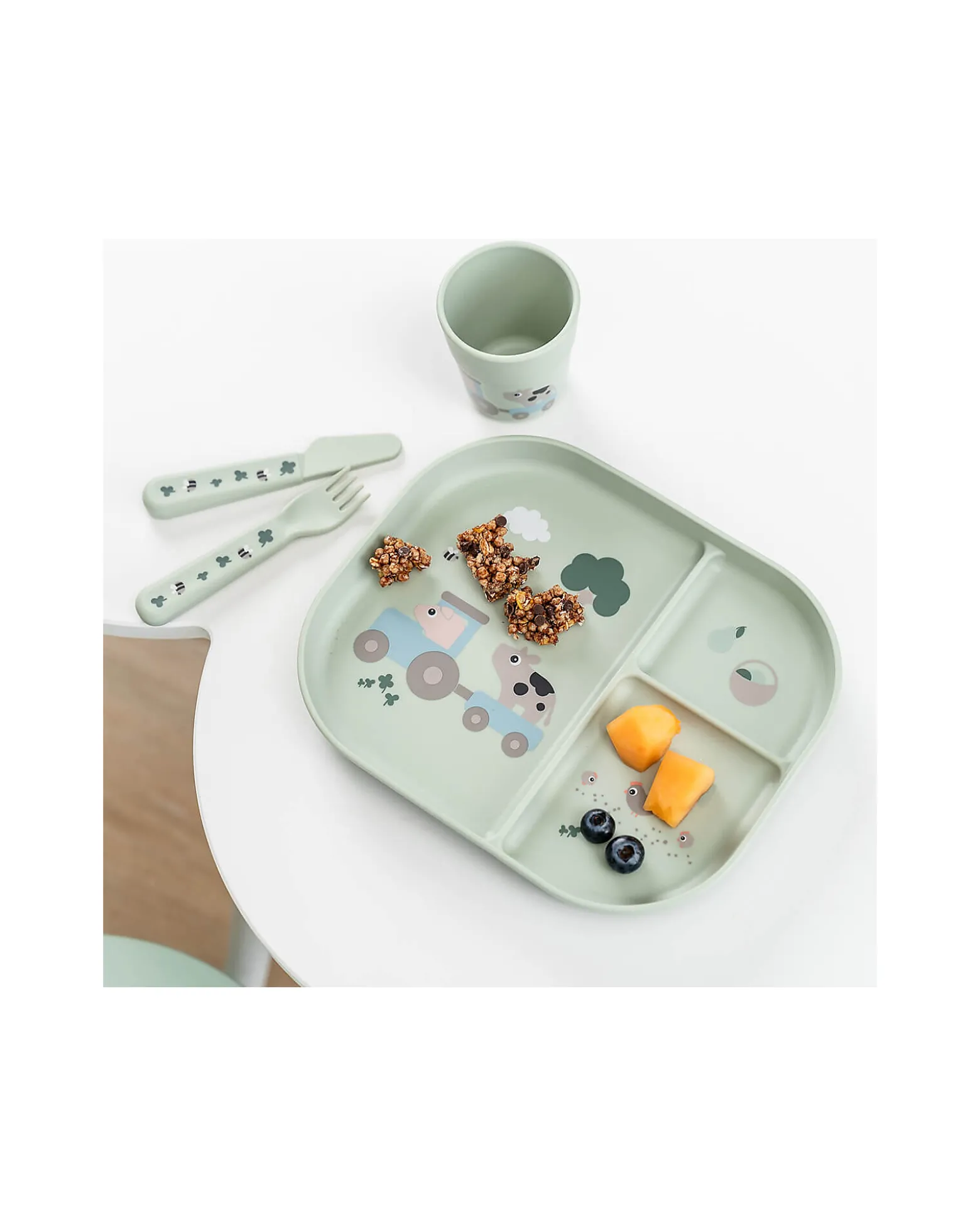 Set Pappa Foodie - Piatto con Scomparti Bicchiere e Posate - Tiny Farm - Verde - 100% PP Alimentare