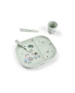 Set Pappa Foodie - Piatto con Scomparti Bicchiere e Posate - Tiny Farm - Verde - 100% PP Alimentare