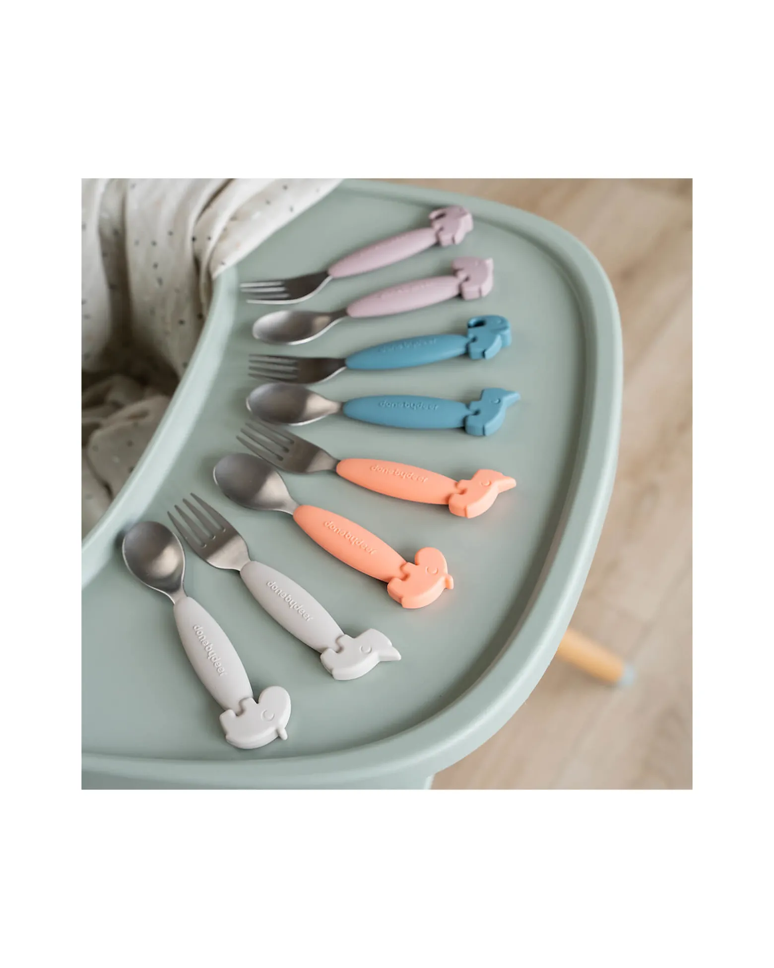 Set 2 Posate Anti-Scivolo - Forchetta e Cucchiaio - Powder - Silicone Alimentare e Acciaio inossidabile