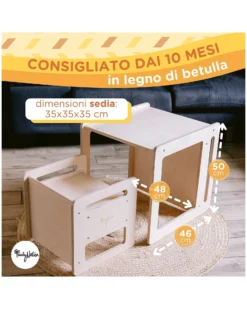 Set Tavolo+Sedia Montessori Evolutivi - Natural - Legno di Betulla - Cresce Con Il Tuo Bambino