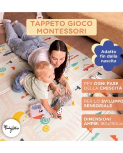 Tappeto Gioco Pieghevole Montessori 2 in 1 Reversibile e Morbido - Dino Friends - 180x150cm - dalla Nascita