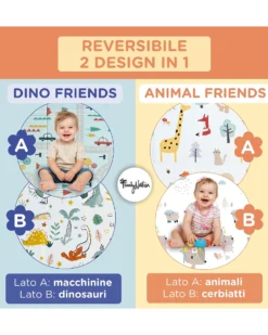 Tappeto Gioco Pieghevole Montessori 2 in 1 Reversibile e Morbido - Animal Friends - 180x150cm - dalla Nascita