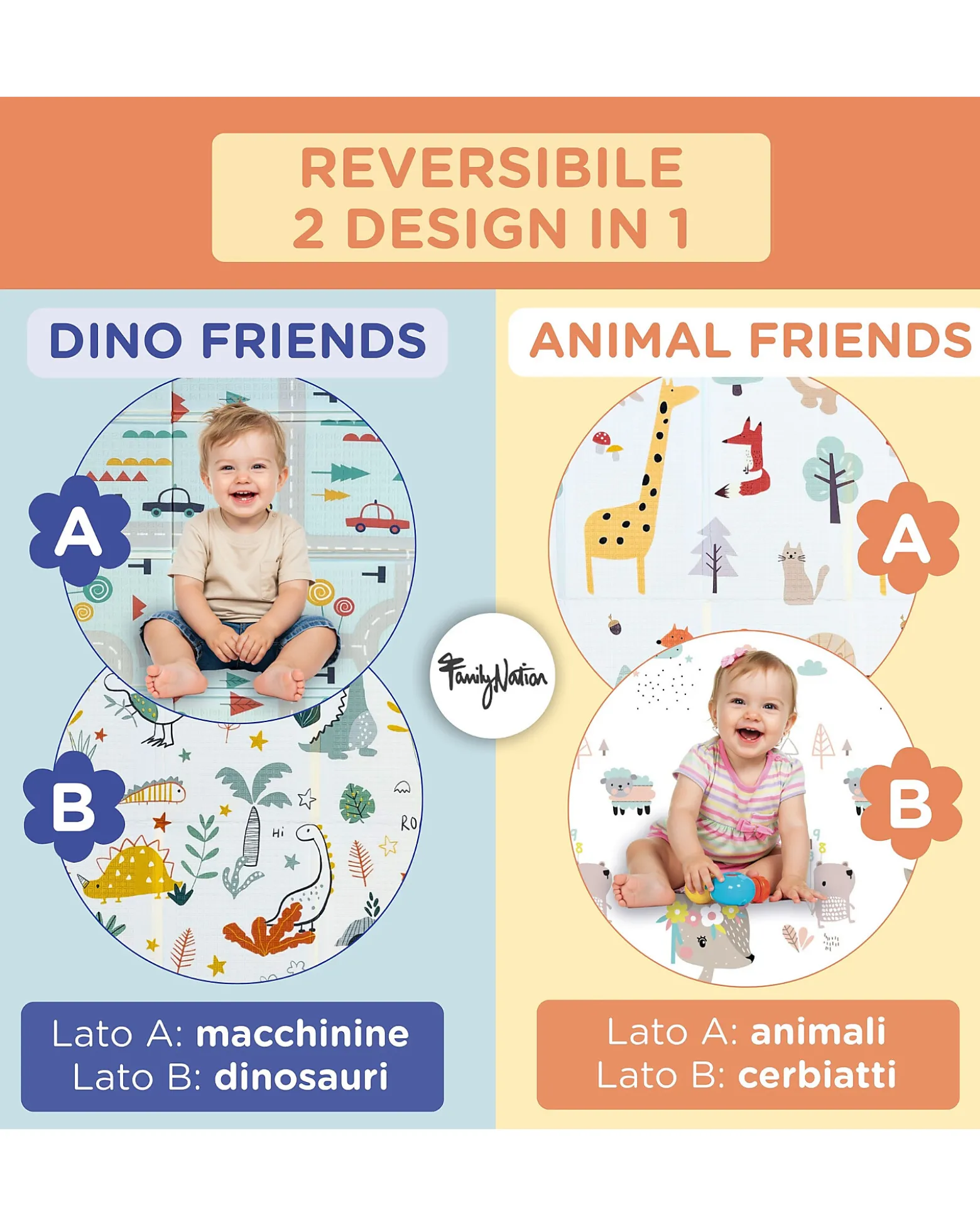 Tappeto Gioco Pieghevole Montessori 2 in 1 Reversibile e Morbido - Animal Friends - 180x150cm - dalla Nascita