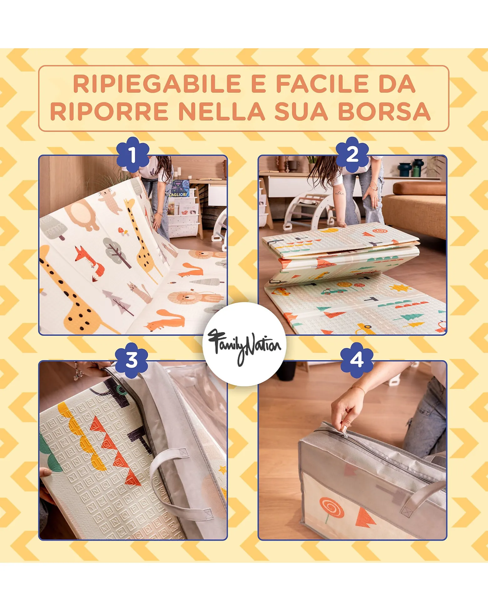 Tappeto Gioco Pieghevole Montessori 2 in 1 Reversibile e Morbido - Animal Friends - 180x150cm - dalla Nascita