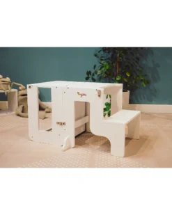 Torre Montessori 3 in 1 - Bianco - Lavagna Magnetica e Convertibile in Tavolo+Sedia