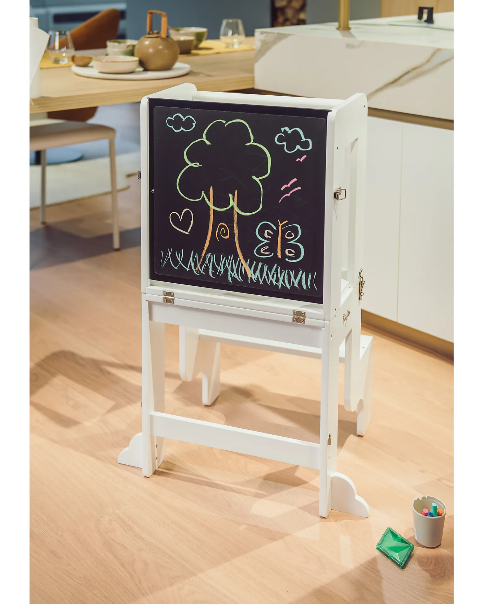 Torre Montessori 3 in 1 - Bianco - Lavagna Magnetica e Convertibile in Tavolo+Sedia