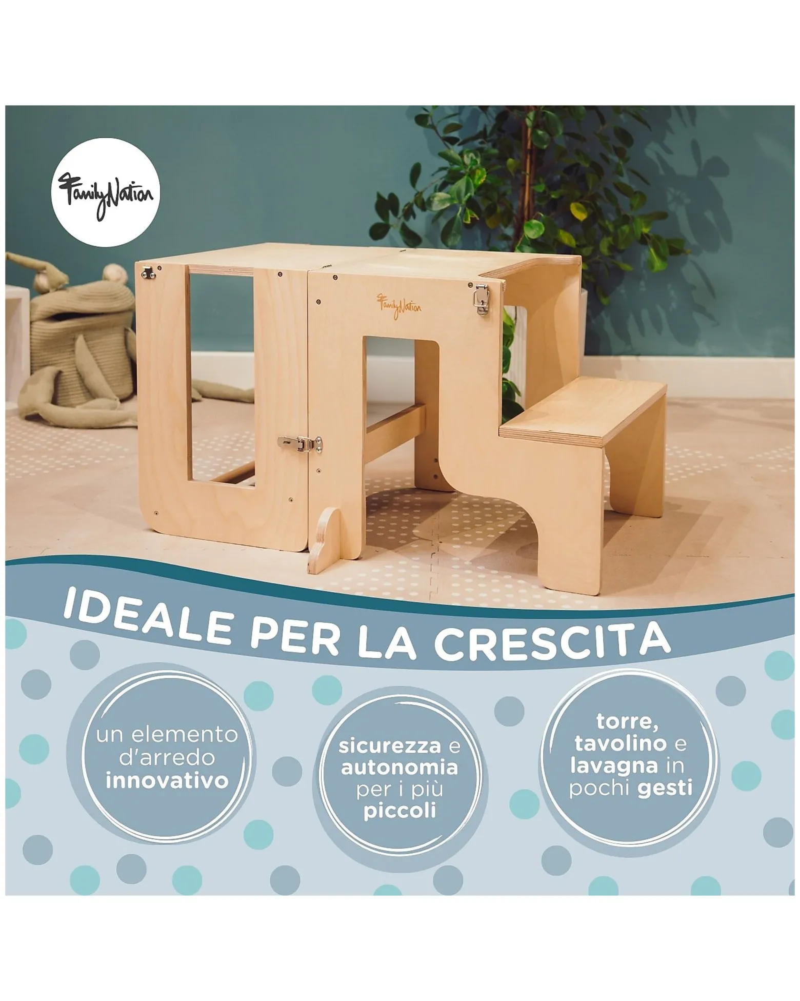 Torre Montessori 3 in 1 - Natural - Lavagna Magnetica e Convertibile in Tavolo+Sedia