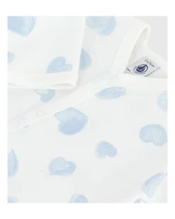 Tutina Intera in Tessuto Felpato Spazzolato - Bianco con Cuori Azzurri - 100% Cotone