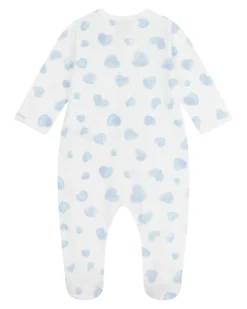 Tutina Intera in Tessuto Felpato Spazzolato - Bianco con Cuori Azzurri - 100% Cotone