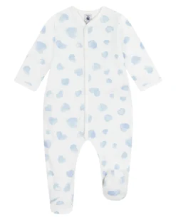 Tutina Intera in Tessuto Felpato Spazzolato - Bianco con Cuori Azzurri - 100% Cotone